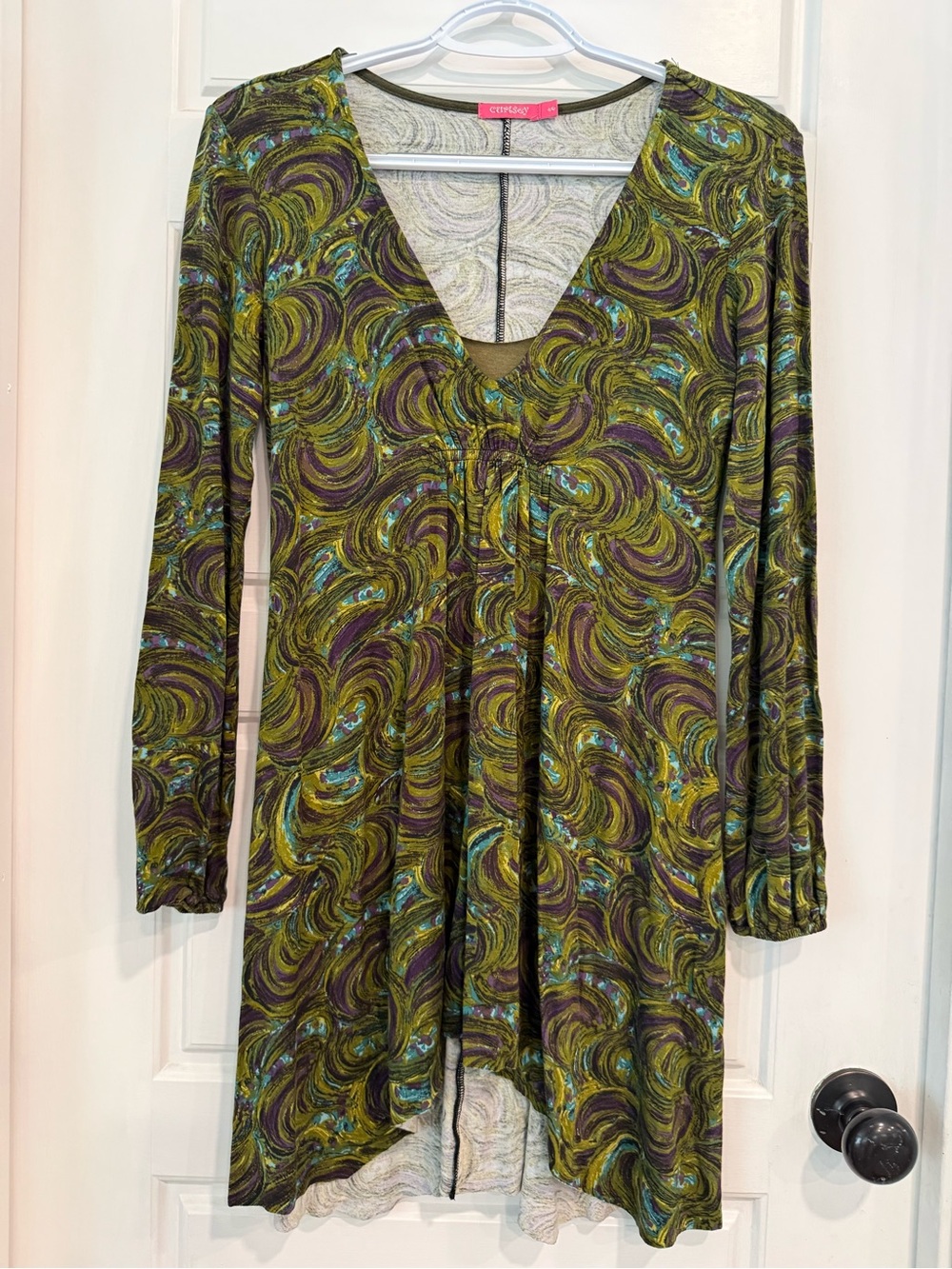 Cutesey Infinity Green Purple Swirl Print Long Sleeve Babydoll Dress size Small